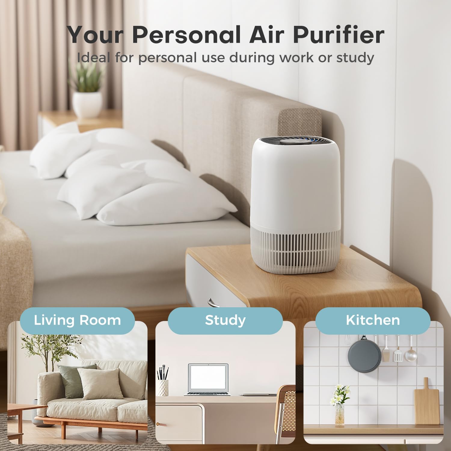 AROEVE H13 HEPA air purifier in white on a desk