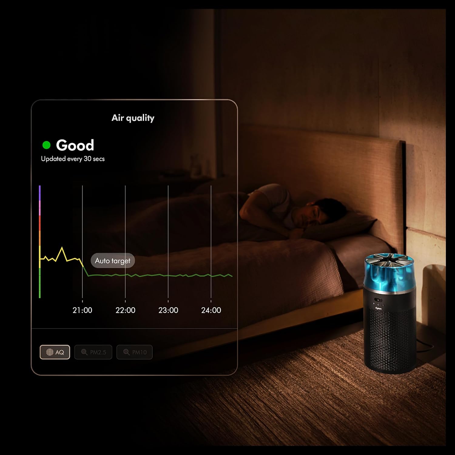 Dyson Hushjet Compact Purifier standing in a large living room