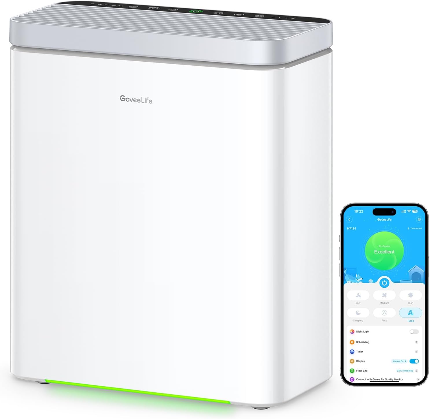 GoveeLife Smart Air Purifier for large rooms standing in an open-plan living space