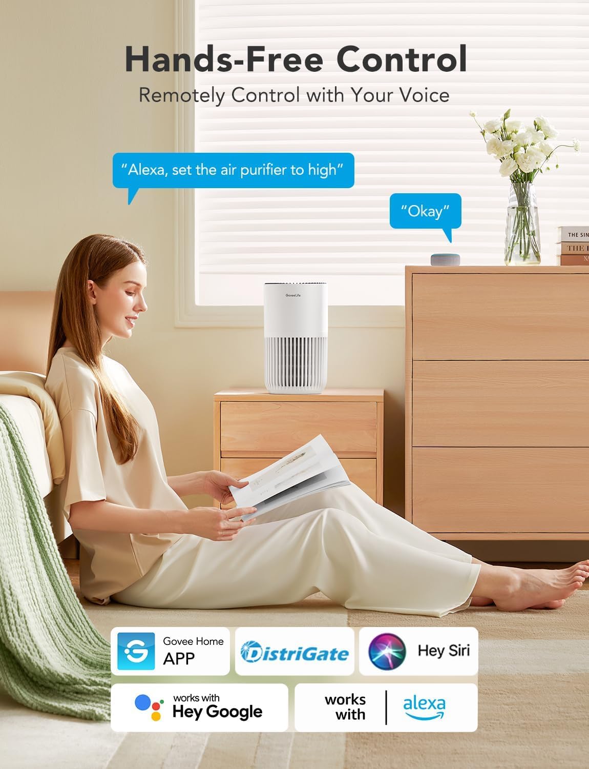 GoveeLife Smart Mini air purifier standing on a bedside table