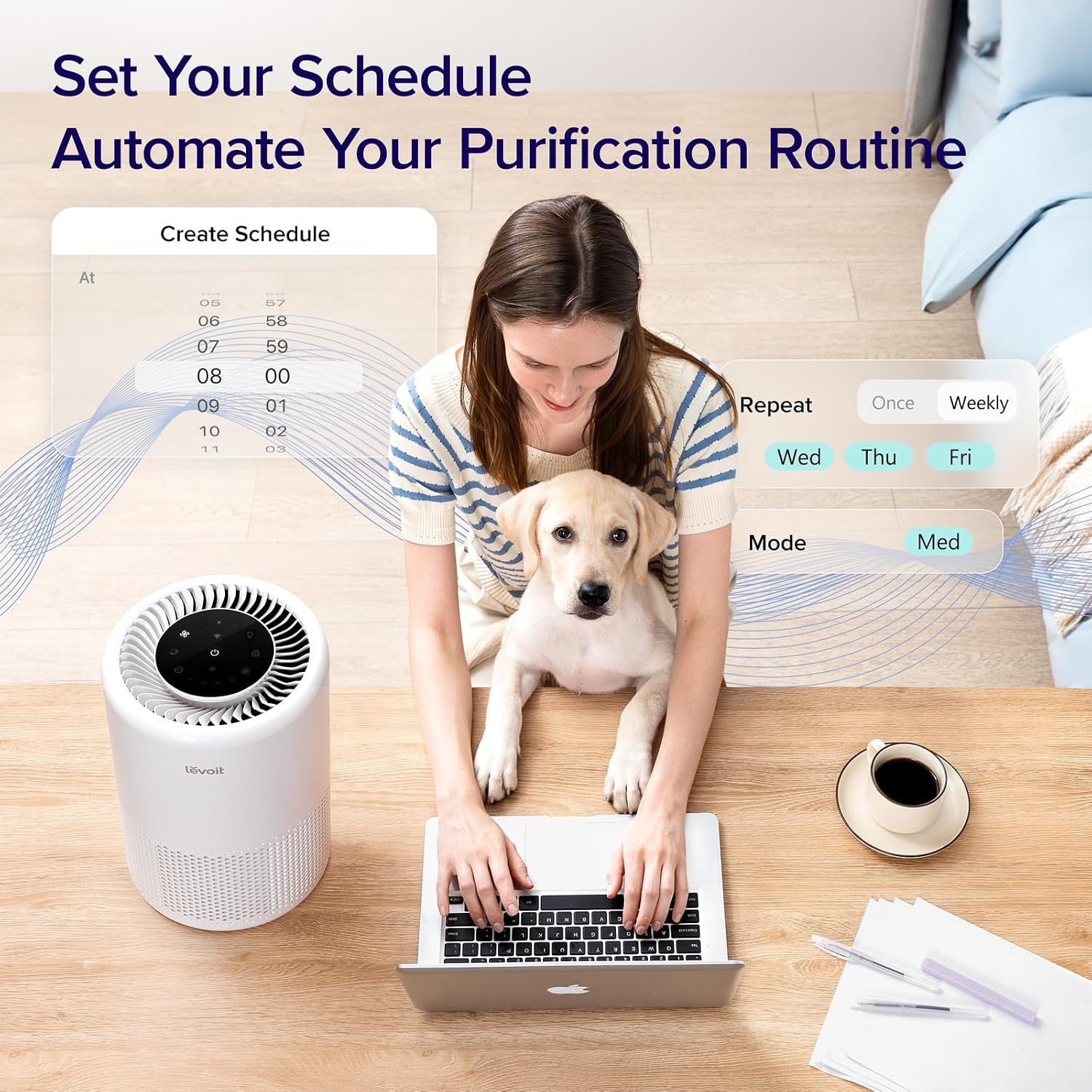 Levoit Core 200S smart air purifier standing in a living room