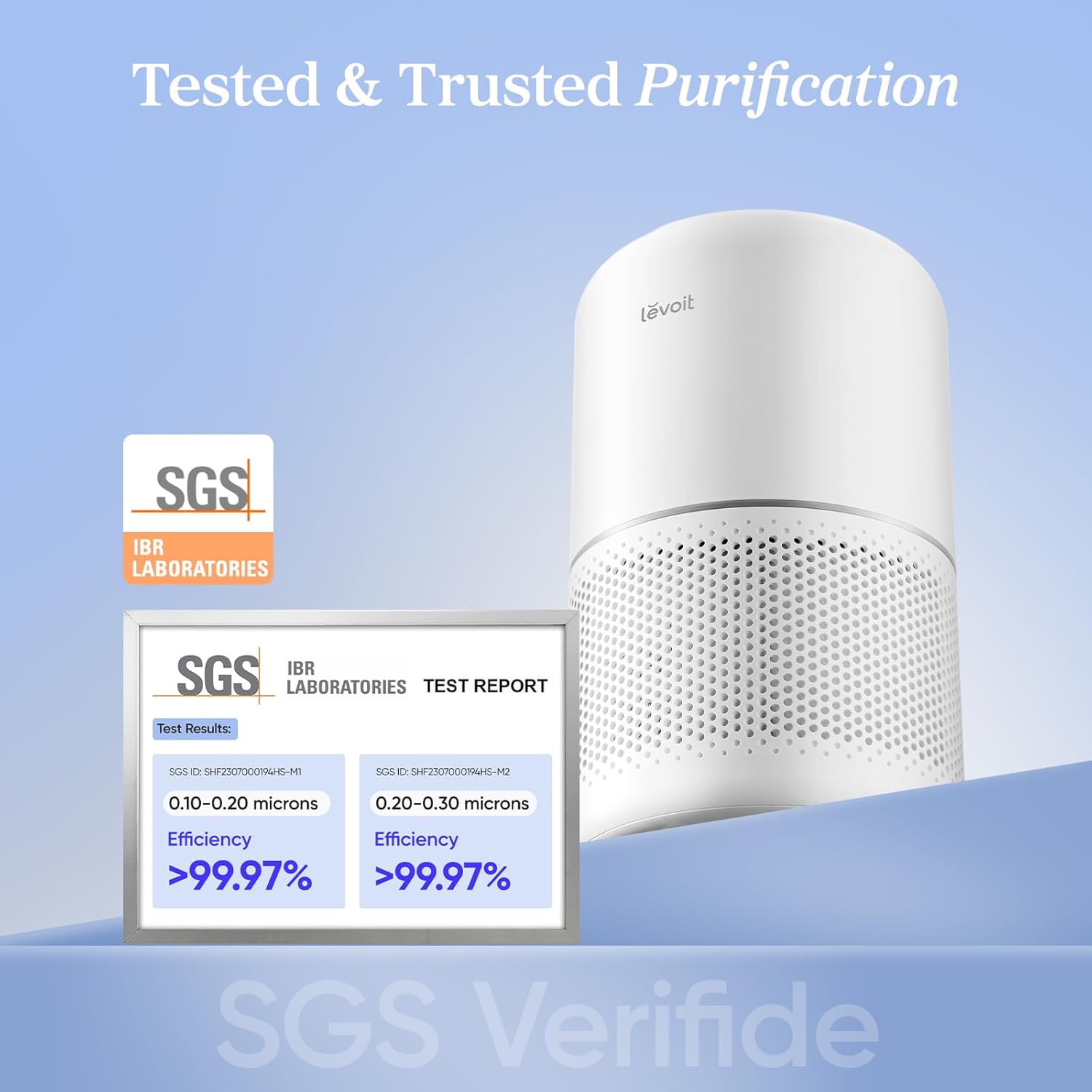 Levoit Core 300 HEPA air purifier shown front-on in a living room setting