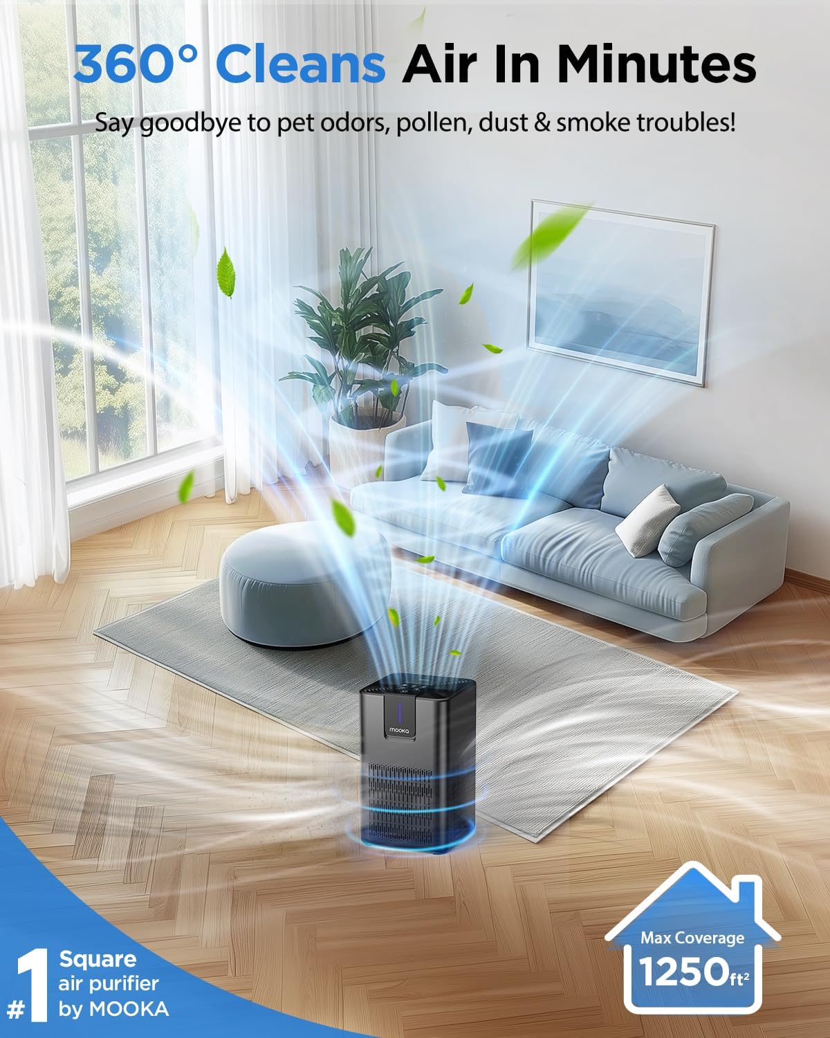 MOOKA M05 air purifier standing in a living room