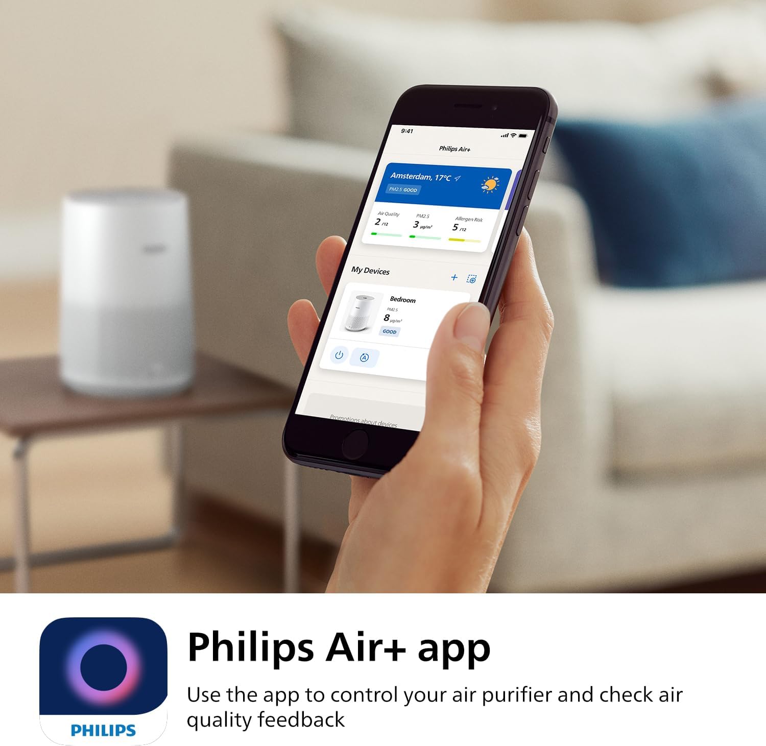 Philips 600 Series AC0651 white air purifier standing in a living room