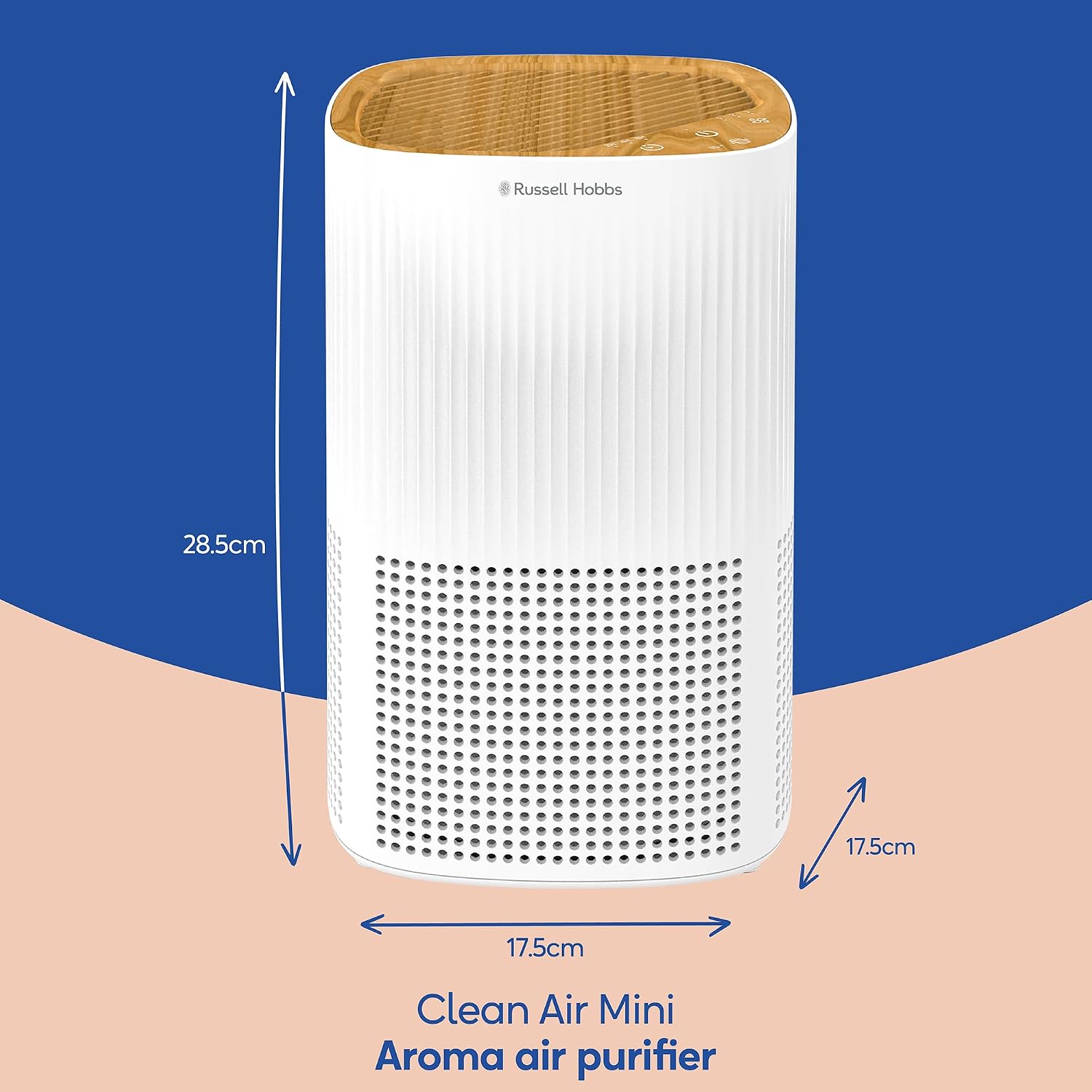 Russell Hobbs Scandi wood-effect air purifier standing on a wooden shelf